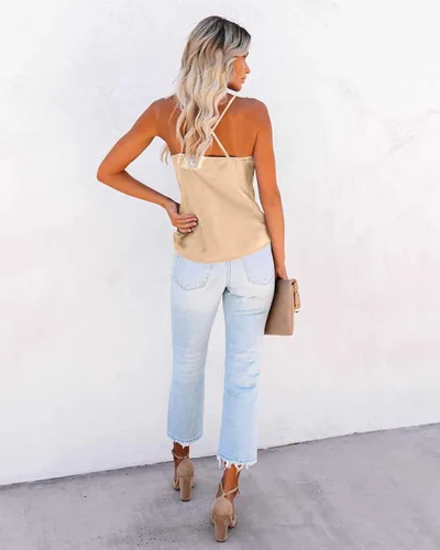 Miniatura 3 de Aoulaydo Camisola de satén con tirantes delgados y cuello en V para mujer, con cuello vuelto, camisola de seda, sin mangas