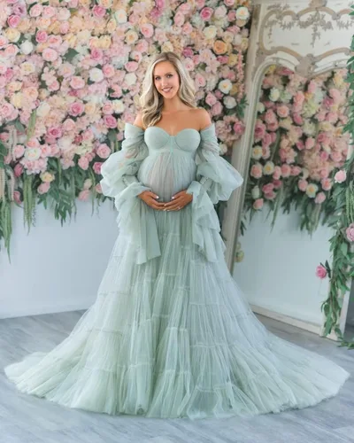 Miniatura 4 de Vestidos de maternidad de tul para sesión de fotos, batas de hombro descubierto, manga larga, lencería nupcial, vestido de baby shower, vestidos