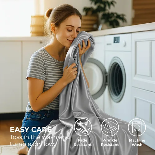 Miniatura 7 de Pure Bedding Sábanas de satén individuales [3 piezas, plateadas] Juego de sábanas sedosas de lujo para hotel, juego de sábanas de microfibra extra