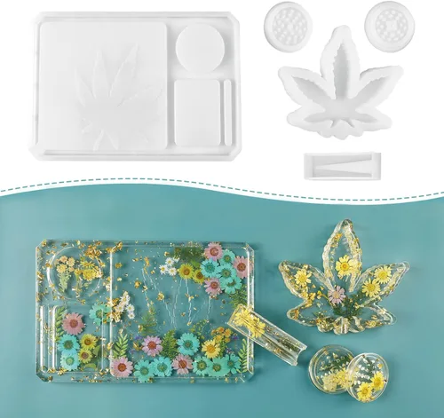 4 moldes de silicona para resina epoxi DIY, moldes de resina grandes, incluyendo molde de bandeja rodante, soporte para juntas de cenicero y molde