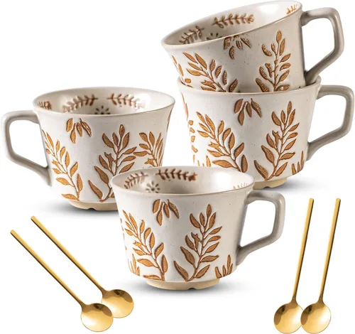 Juego de 4 tazas de café con cuchara dorada, taza de cerámica pintada a mano de estilo antiguo de 11 onzas para hombres y mujeres, regalos únicos