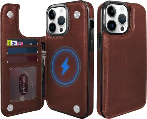 Miniatura 9 de Funda magnética tipo cartera con tapa para iPhone 14Pro Max de 6.7 pulgadas, compatible con MagSafe, soporte de cuero con soporte para tarjetas