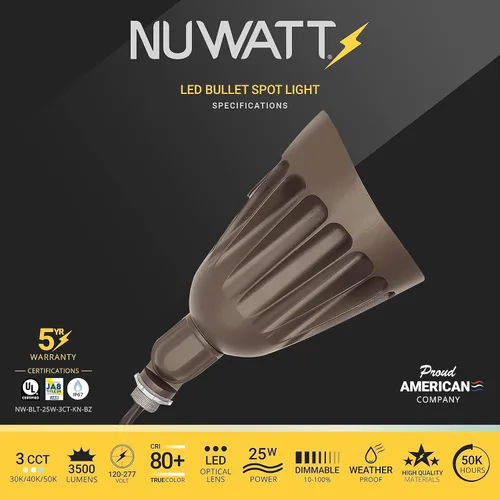 Miniatura 2 de NUWATT Luces de Foco Bullet de 25W para Exteriores, Luz LED de Paisaje Exterior, 3500 LM Iluminación Exterior Brillante para Patio, 30K/40K/50K