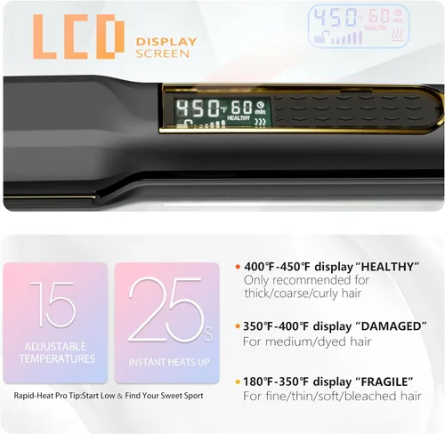 Miniatura 4 de Thirtek Plancha de pelo profesional, plancha plana de cerámica y titanio de 1.5 pulgadas, 15 niveles de temperatura ajustables, pantalla LCD, Negro