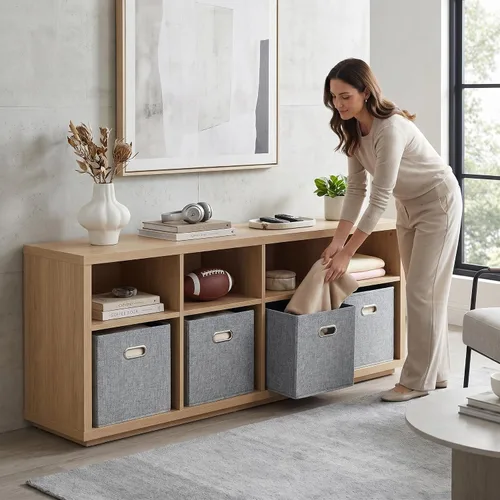 Miniatura 2 de Cubos de almacenamiento de tela gris de 12 x 12 pulgadas, paquete de 4 cubos organizadores plegables con aspecto de lino con asas, cestas plegables
