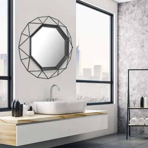 Miniatura 6 de Stonebriar Espejo decorativo negro de 28.3 pulgadas con marco de alambre de metal geométrico colgante con soportes de montaje, decoración moderna