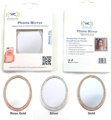 Miniatura 3 de Wireless City Espejo ovalado para teléfono, espejo de maquillaje con diamantes de oro rosa con circonita cúbica, 2.2-2.8 in, ideal para maquillaje