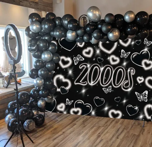 Miniatura 5 de Fondo de fotos de principios de la década de 2000 de 7 x 5 pies, fondo de corazón negro con purpurina Y2k, decoración de fiesta de moda temprana