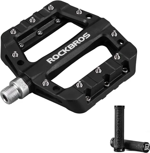 ROCKBROS Pedales ligeros de bicicleta de montaña Pedales de plataforma de bicicleta de fibra de nailon para BMX MTB 9/16 "negro con empuñaduras de