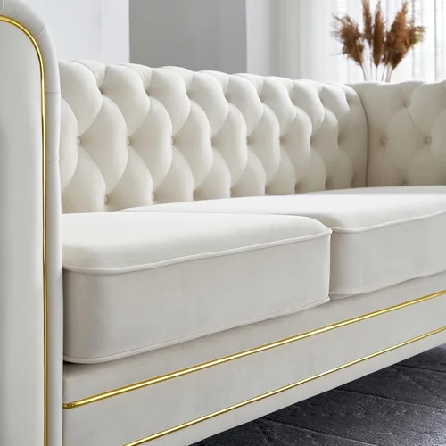 Miniatura 5 de Sofá Chesterfield de terciopelo de 84 pulgadas, sofá moderno de 3 plazas de mediados de siglo con brazos enrollados, marco de madera maciza y patas