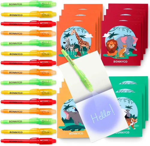 Miniatura 8 de BONNYCO Bolígrafo de tinta invisible y cuaderno de 32 recuerdos de fiesta de safari para niños Bolígrafo espía de fiesta de la selva, premios