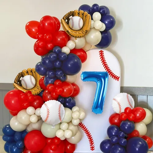 Miniatura 7 de Arco de globos de béisbol con globo azul marino del número 7 de 40 pulgadas, decoraciones de fiesta de 7º cumpleaños para niños con guante