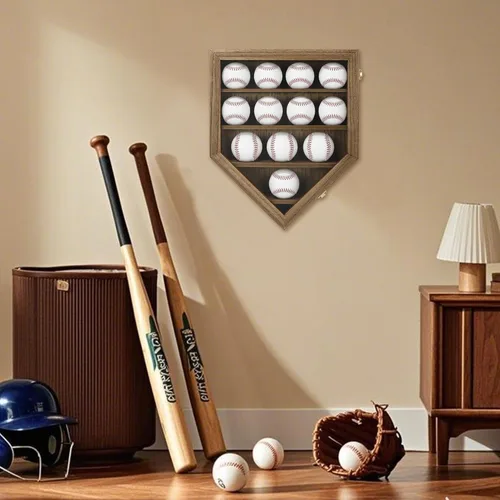 Miniatura 5 de FramePro Estuche de exhibición de béisbol, caja de sombras, estante organizador de gabinete de pared para 12 bolas con puerta delantera de madera