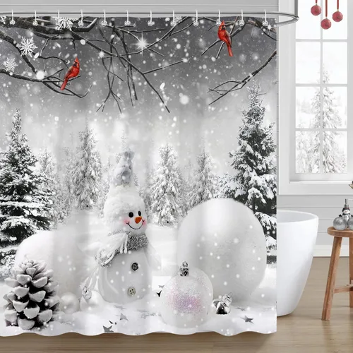 Miniatura 10 de Cortinas de Ducha de Navidad para Baño, Azul Lindo Muñeco de Nieve Árbol de Navidad Invierno Paisaje Natural Juego de Cortinas de Ducha, Tela