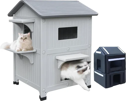 Miniatura 10 de Casa para gatos al aire libre, resistente a la intemperie, casas de plástico para gatos con puerta de escape, 2 pisos para interiores, impermeable