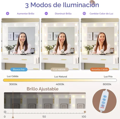 Miniatura 3 de Hasuit Juego de tocador grande de 48.8'' con espejo iluminado y toma de corriente, mesa de maquillaje blanca con 6 cajones, 4 estantes y 1 gabinete