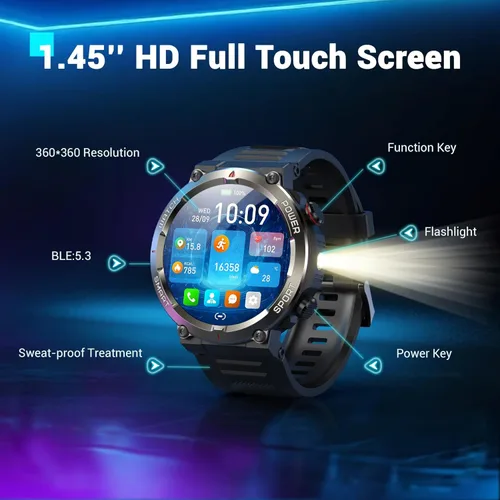 Miniatura 10 de Military Smart Watch for Men(Answer/Make Calls),Outdoor Smartwatch with 100 Days Battery/Flashlight/Compass/Heart Rate/SpO2/Sleep Monitor/2 Straps