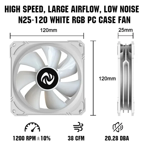 Miniatura 6 de Ventilador de caja de 4.724 in, paquete de 3 ventiladores de caja RGB, N25-120 ventiladores de PC silenciosos blancos de 1200 rpm, rodamiento