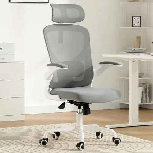 Miniatura 10 de Silla de oficina ergonómica, silla de escritorio giratoria de malla con respaldo alto, soporte lumbar ajustable, reposacabezas y reposabrazos Negro