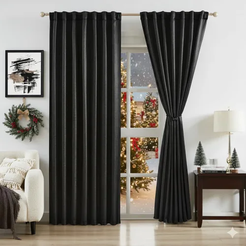 Miniatura 9 de Bujasso Cortinas de jacquard negras con bolsillo para barra, pestaña trasera y lazos de lujo, cortinas aisladas térmicamente para oscurecer