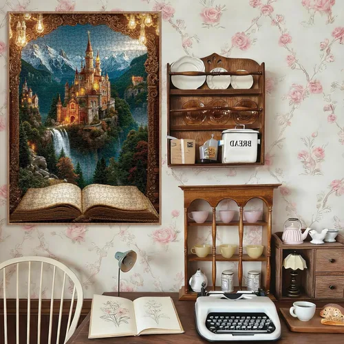 Miniatura 4 de Magic Books - Rompecabezas de paisaje de castillo para adultos, 1000 piezas, fantasía de naturaleza, vintage, biblioteca, biblioteca, arte