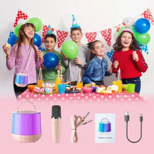Miniatura 6 de Máquina de karaoke para niños, altavoz Bluetooth portátil con micrófono inalámbrico y luces LED, efectos de voz mágicos, para niñas, fiesta en casa