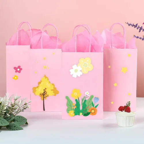 Miniatura 4 de DjinnGlory Paquete de 24 pequeñas bolsas de regalo de papel rosa con asas de 9 x 5.5 x 3.15 pulgadas y 24 papel de regalo de seda para negocios