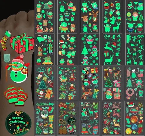 Tatuajes de Navidad para niños, tatuajes temporales luminosos, 400 calcomanías impermeables de Navidad, tatuajes falsos que brillan en la oscuridad,