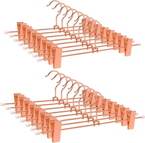 Amber Home Paquete de 24 perchas de metal color oro cobre rosa de 12 pulgadas para pantalones con 2 clips antideslizantes ajustables y gancho