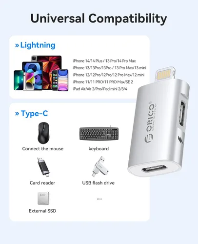 Miniatura 6 de ORICO Adaptador Lightning a USB con puerto de carga, USB C hembra a Lightning macho para iPhone 14, 13, 11, 12 Pro Max, compatible con soporte