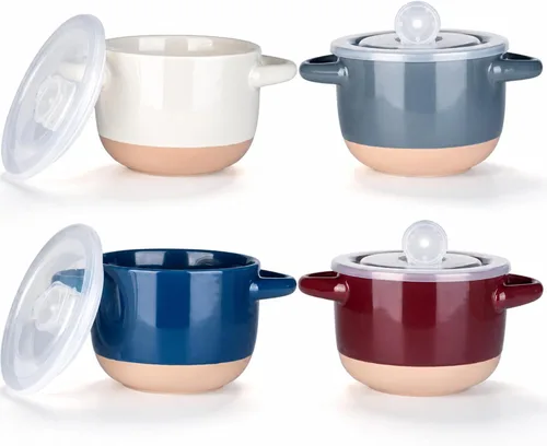 Miniatura 16 de AmorArc Juego de 2 cuencos de sopa de 24 onzas con asas grandes y tapas, cuencos de cerámica para sopa, cereales, guisos, fideos, coloridos cuencos