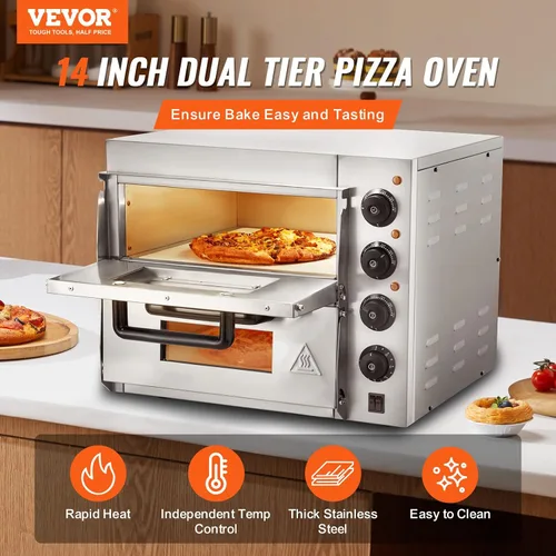 Miniatura 2 de Horno de pizza comercial VEVOR para encimera, capa doble de 14", horno de pizza eléctrico de acero inoxidable con piedra y asa, horno de pizza