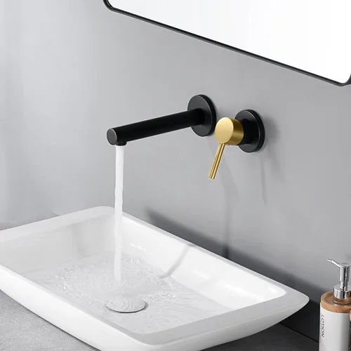 Miniatura 4 de SUMERAIN Grifo de lavabo de baño montado en la pared, acabado negro y dorado, grifo de lavabo con una sola manija y válvula áspera