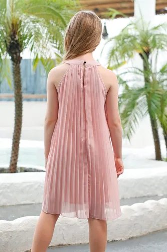 Miniatura 2 de GORLYA Vestido plisado de gasa con cuello halter y hombros descubiertos para niñas de 4 a 14 años
