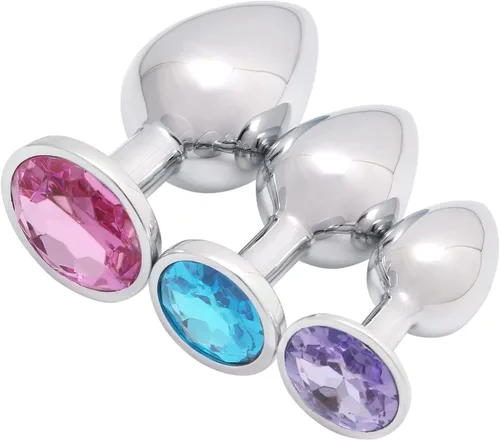 Miniatura 10 de AKStore 3 tapones anales fetiches de acero inoxidable con diseño de joyas lujosas para fantasías sexuales de bondage, tamaños grande, mediano y Azul