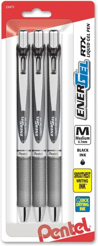 Pentel® Energel® Deluxe RTX Bolígrafos de gel, punto Mediano, 0.7mm, barriles surtidos, tinta color negro, paquete de 3