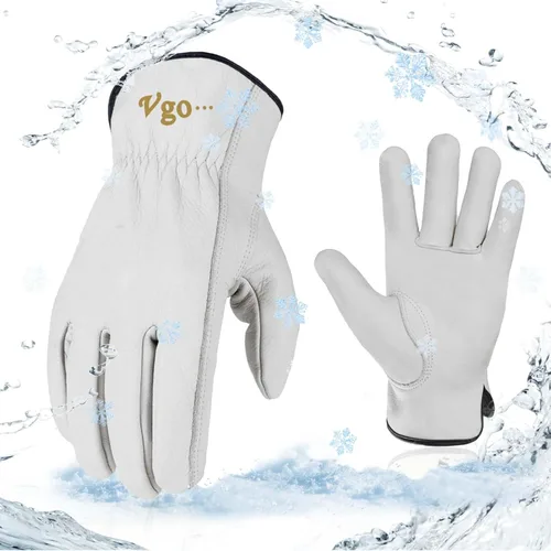 Miniatura 12 de Vgo... 2 pares de guantes de trabajo y conductor de cuero de vaca de invierno con forro de 32 ℉ o superior (talla XL, crema, CA9501F)