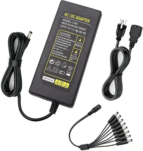 Miniatura 6 de Adaptador de corriente para cámara de seguridad de 2 puntas, 12 V, 5 A, 100 V-240 V, adaptador de corriente de 8 vías, cable divisor de alimentación