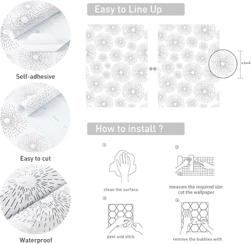 Miniatura 6 de Safiyya Papel tapiz de despegar y pegar en blanco y negro, papel de contacto geométrico, papel de pared moderno, autoadhesivo, extraíble
