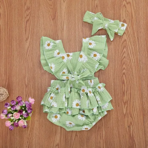 Miniatura 4 de Bebé Niñas Impresión Margarita Algodón Lino Volantes Sin Mangas Mameluco Mono Mono con Headaband Ropa Infantil Verano