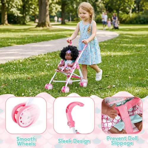 Miniatura 5 de deAO Baby Doll Stroller Nursery Role Play Set Baby Doll Accessories Travel Cot,Foldable Stroller and Travel Bag Birthday for Girls Kids