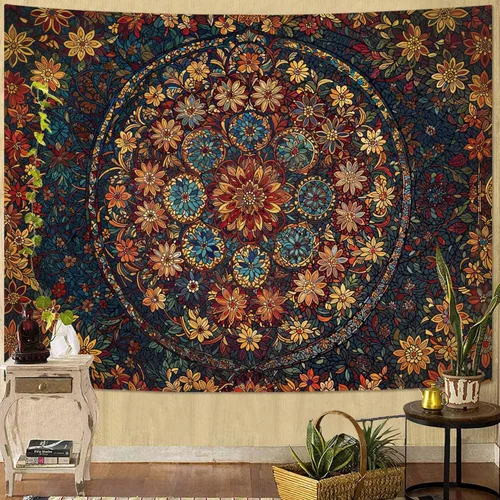 Miniatura 9 de Fowocu Tapiz bohemio con mandala floral para colgar en la pared, medallón de flores bohemias, tapiz estético, beige, naranja, hippie, indio, pequeño