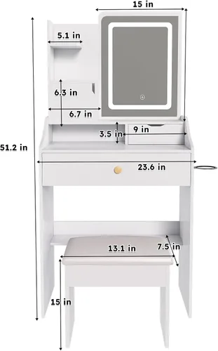 Miniatura 6 de Juego de escritorio pequeño con espejo iluminado y taburete, juego de mesa de maquillaje compacto con modelo de luz de 3 colores, mesa de maquillaje