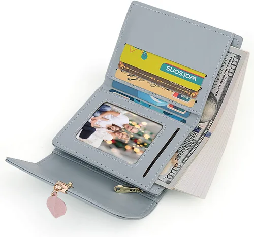 Miniatura 3 de UTO - Cartera pequeña RFID de piel sintética con dije de hoja, cierre de cremallera y tarjetero.