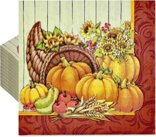 Paquete de 60 servilletas de papel para el día de Acción de Gracias, 13 x 13 pulgadas, desechables, cornucopia, calabaza, vajilla, almuerzo, cóctel,