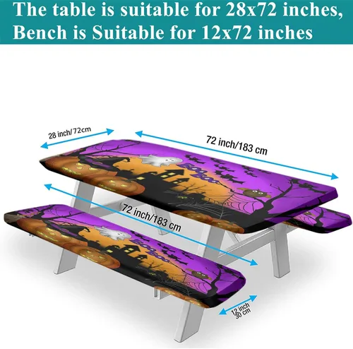 Miniatura 4 de Mantel ajustable para mesa y banco de pícnic de Halloween, diseño de fantasma, impermeable, 28 x 72 pulgadas, juego de 3 piezas, mantel ajustable al