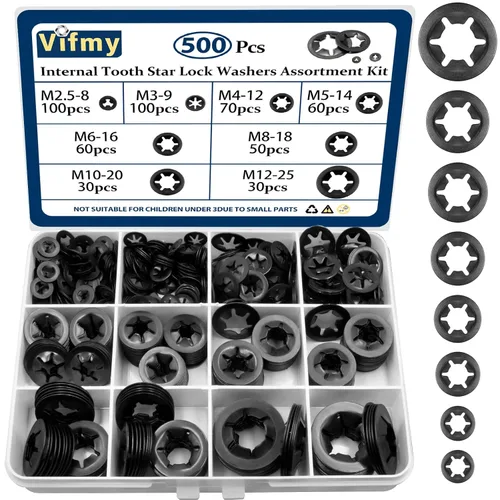 Miniatura 10 de Kit de Arandelas de Bloqueo de Diente Externo Vifmy (Paquete de 500), M2.5 M3 M4 M5 M6 M8 M10 M12 Métricas Juego de Arandelas de Estrella Externa