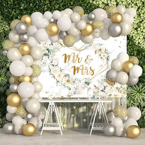 Miniatura 2 de AIBIIN Telón de fondo de 7x5 pies Mr y Mrs con flores blancas y puntos dorados de glitter para despedida de soltera, fondo para fotografía con Blanco
