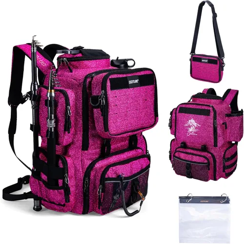 Miniatura 18 de Mochila de pesca Goture, mochila de equipo de pesca resistente al agua de 900D con soportes para cañas, bolsa de equipo de pesca de gran Rosa