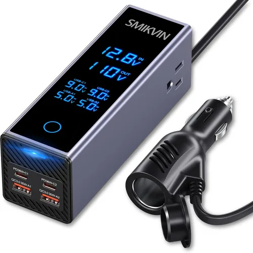 Inversor de corriente para automóvil de 300 W, convertidor de 12 V a 110 V CA con 2 salidas de CA y 4 puertos USB (2 PD 36 W + 2 QC3.0 30 W),